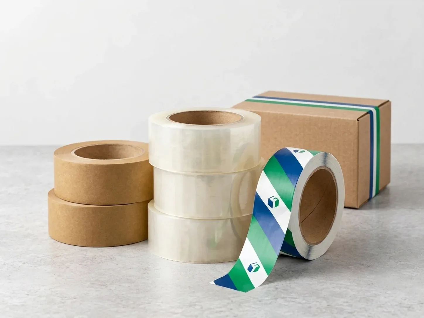 Rolls of clear transparent BOPP packing tape stacked beside brown kraft tape and a custom-printed tape roll with green and blue brand bands and the cube logo, with a sealed corrugated shipping box in the background.