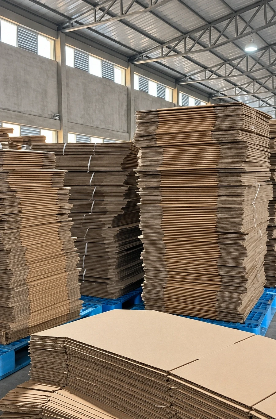 Tall stacks of corrugated sheets stand on blue pallets during a factory walkthrough.