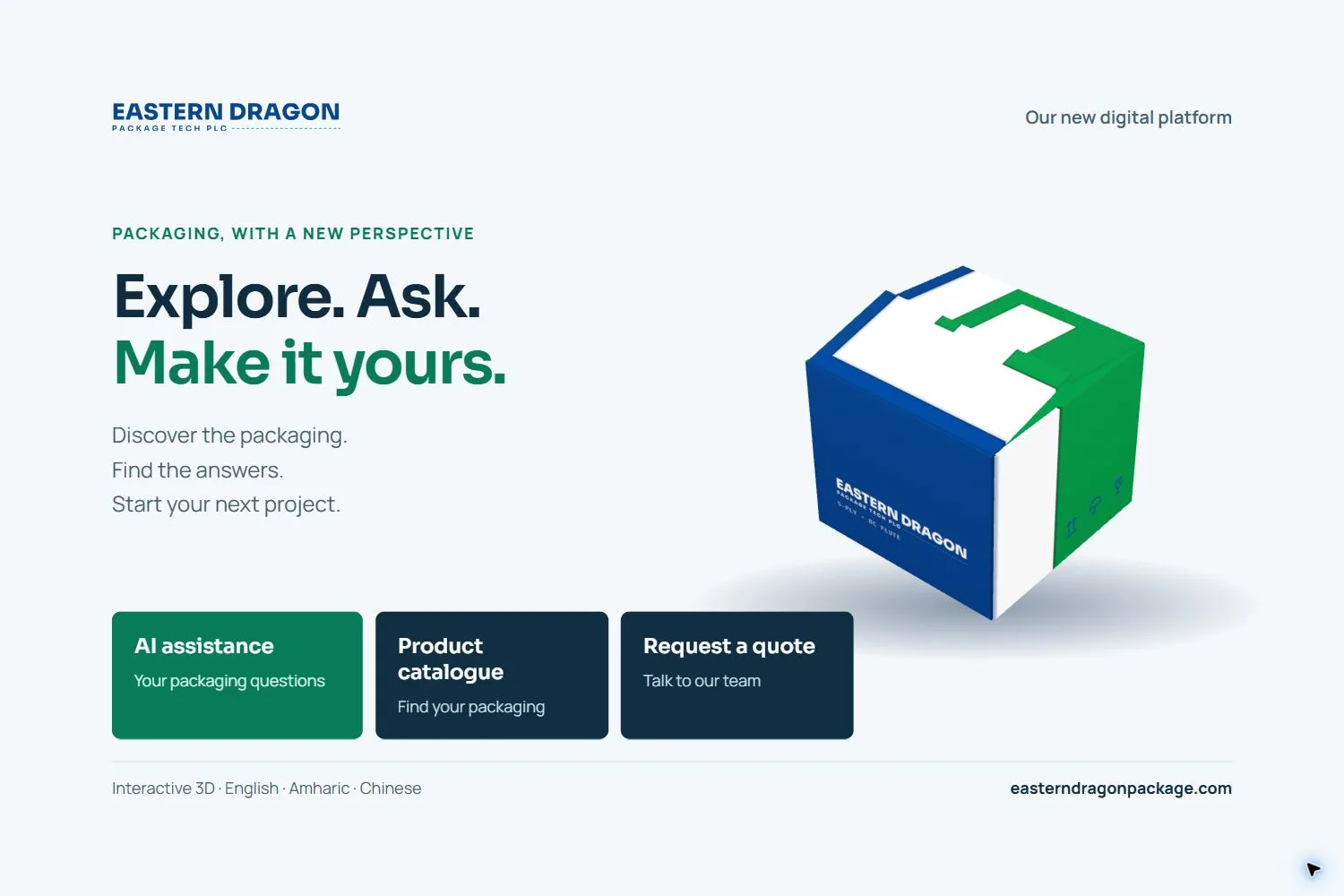 Eastern Dragon’s digital platform presentation featuring the actual interactive 3D branded carton, AI assistance, product catalogue and quotation tools.