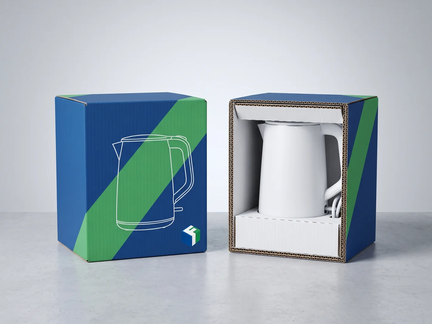 A printed blue and green appliance box with a kettle drawing, beside an open box holding a white kettle in a fitted insert.