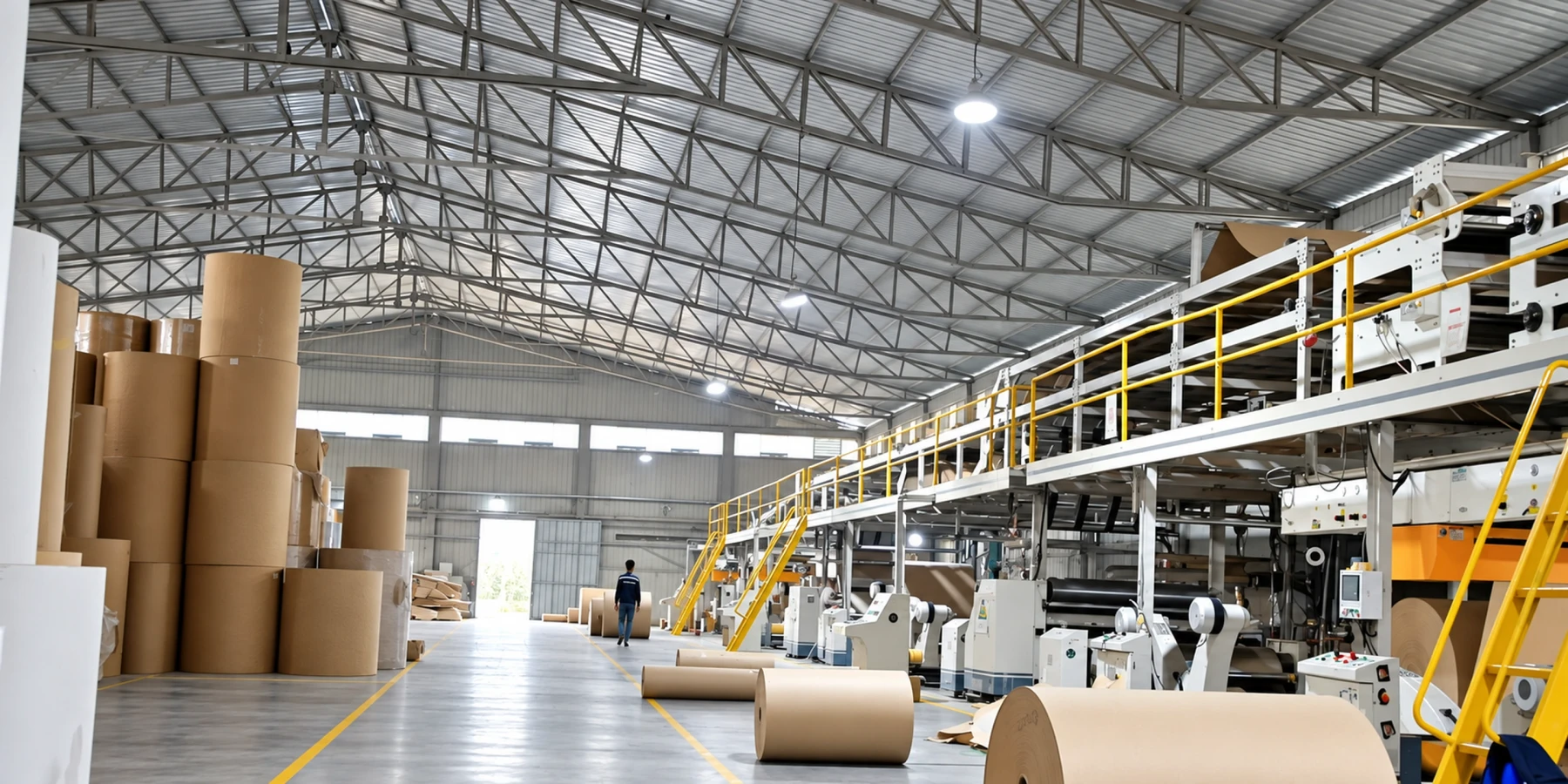 Wide view of Eastern Dragon corrugating machinery and kraft paper reels inside the factory.