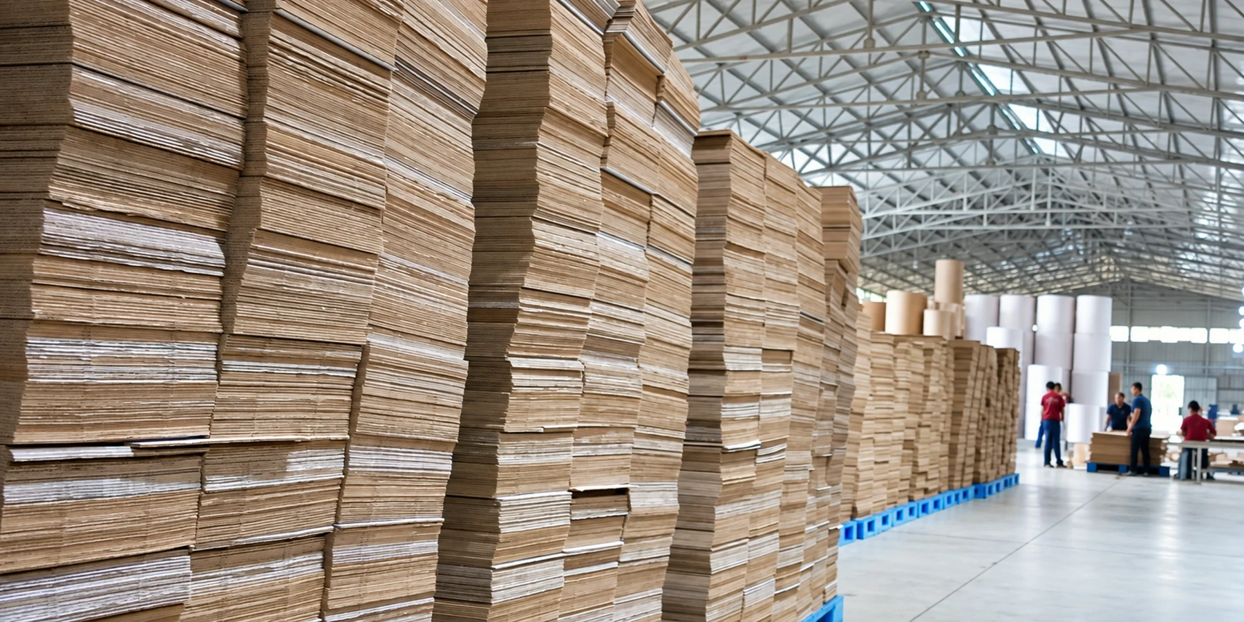 Long rows of finished corrugated sheets stand on blue pallets inside the warehouse.