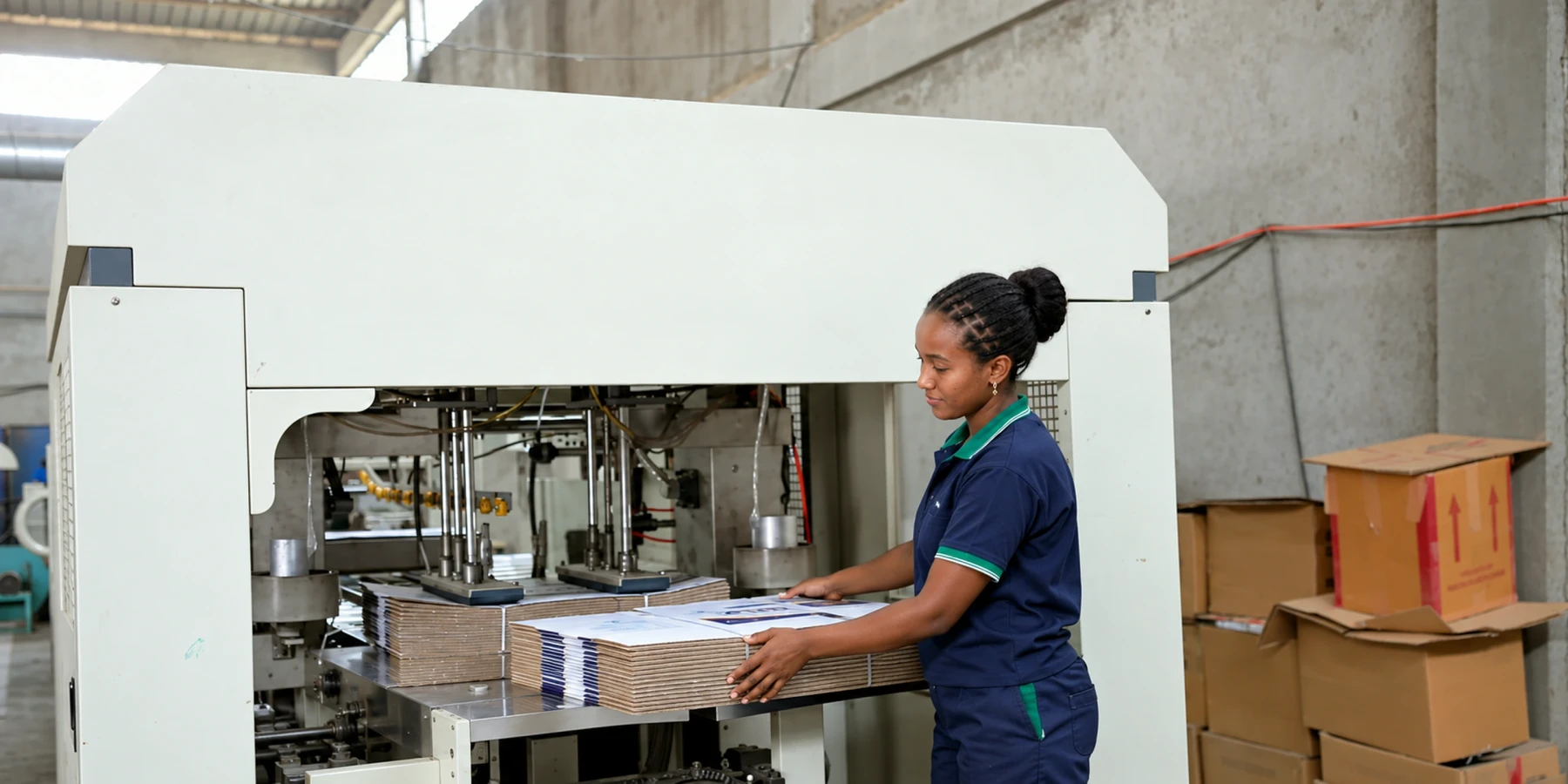 An Eastern Dragon team member works beside a stack of printed cartons at the finishing machine.