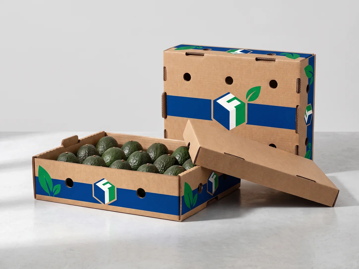 A vented corrugated fruit tray filled with ripe Hass avocados, its lid beside it, printed with a blue band and a green leaf.