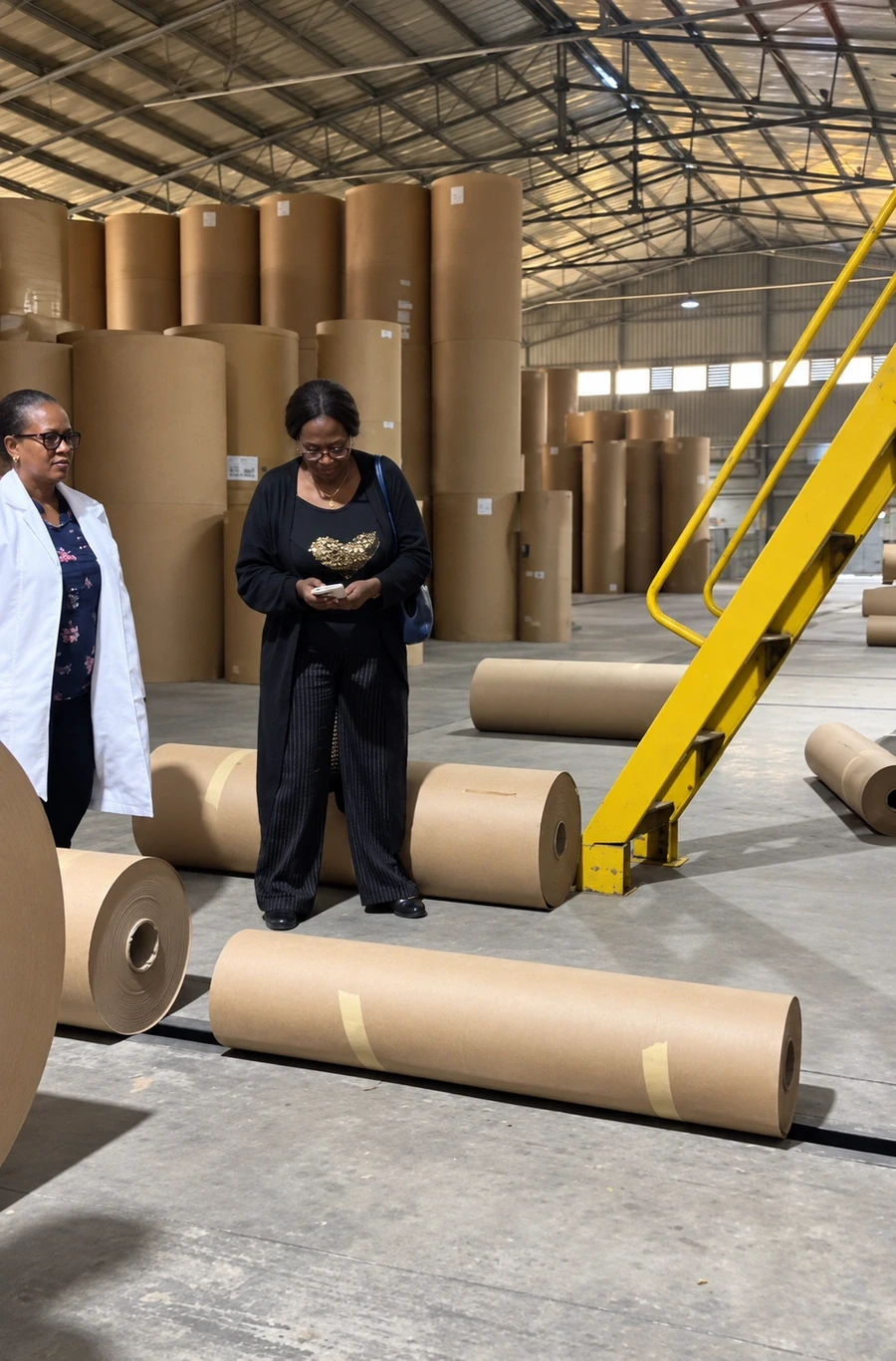 Visitors gather beside kraft paper reels while an Eastern Dragon representative explains production.