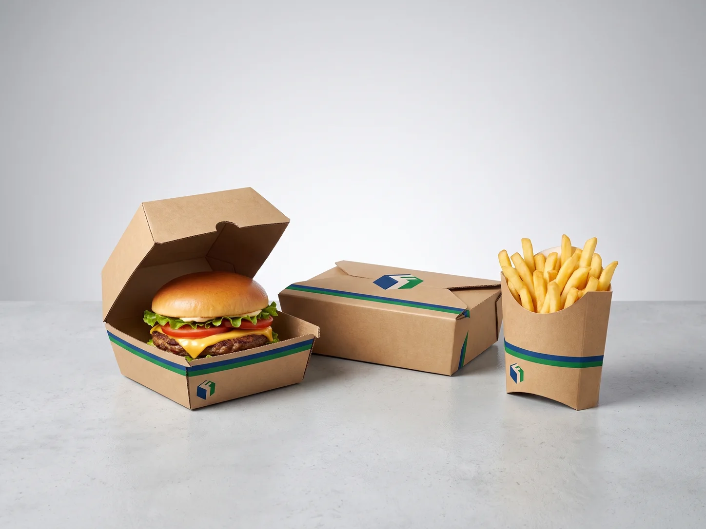 Kraft paper takeaway boxes with blue and green bands: an open burger box, a closed lunch box and a box of fries.