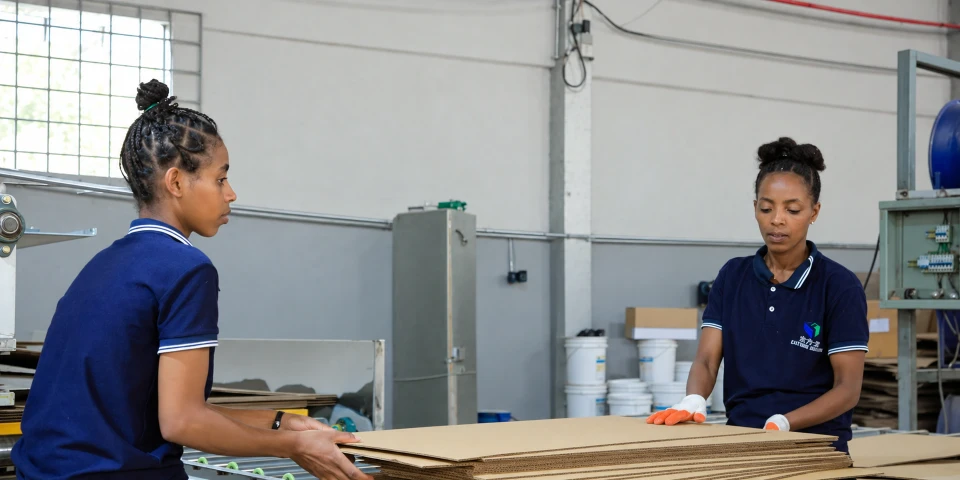 Two Eastern Dragon team members move corrugated sheets from a production line.